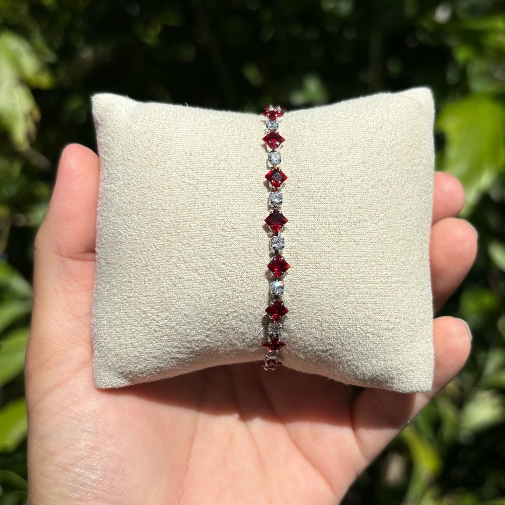 18K White Gold Plated Stainless Steel Ruby Red Diamond Tennis Bracelet